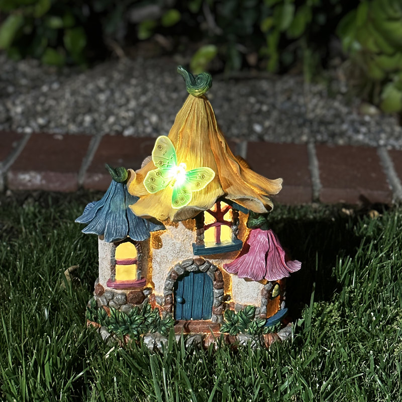 Exhart Solar Pastel Petal Roof Fairy House Garden Statue, 9